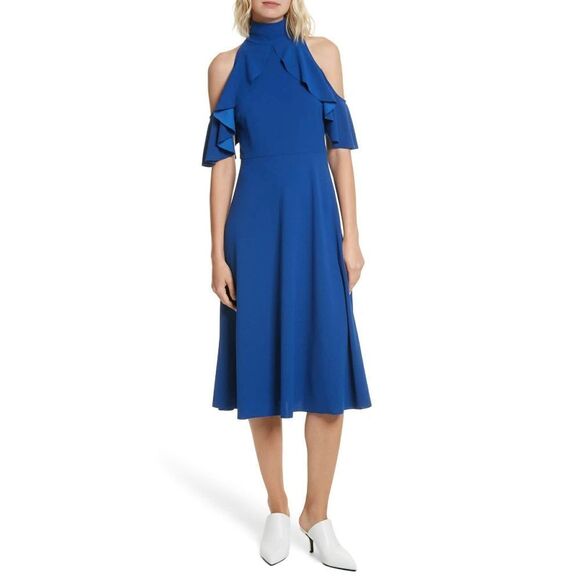 New! TRACY REESE Ruffle Cold-Shoulder Midi Dress Size XS Marine Blue - Picture 1 of 7